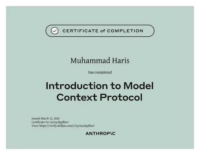 Introduction to Model Context Protocol certificate — Anthropic — Muhammad Haris