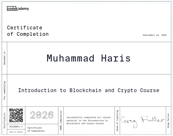Introduction to Blockchain and Crypto certificate — Codecademy — Muhammad Haris