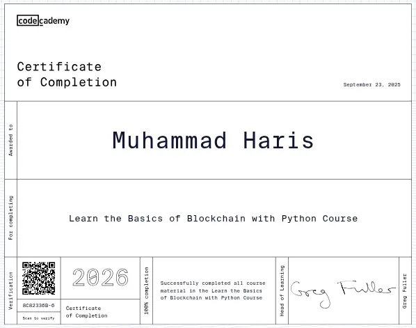 Learn the Basics of Blockchain with Python certificate — Codecademy — Muhammad Haris