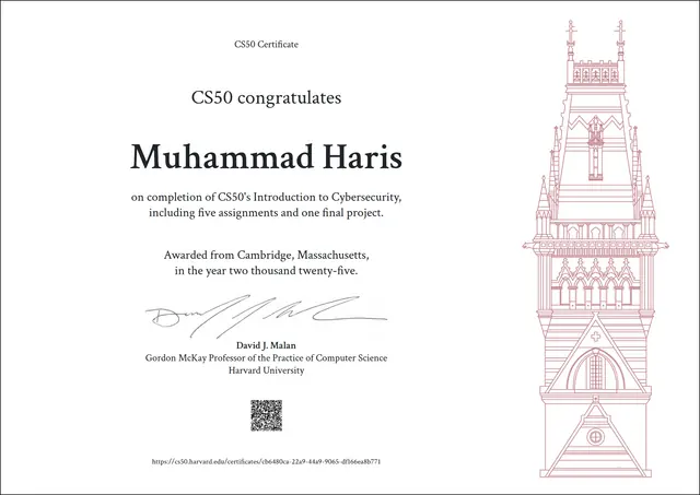 CS50's Introduction to Cybersecurity certificate — Harvard University — Muhammad Haris
