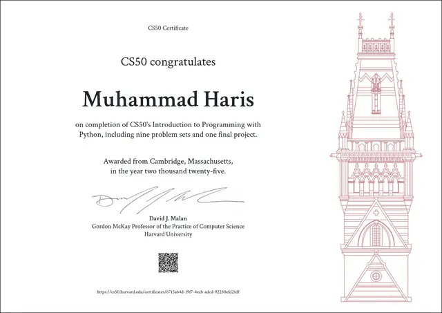 CS50's Introduction to Programming with Python certificate — Harvard University — Muhammad Haris