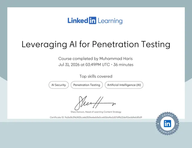 Leveraging AI for Penetration Testing certificate — LinkedIn Learning — Muhammad Haris