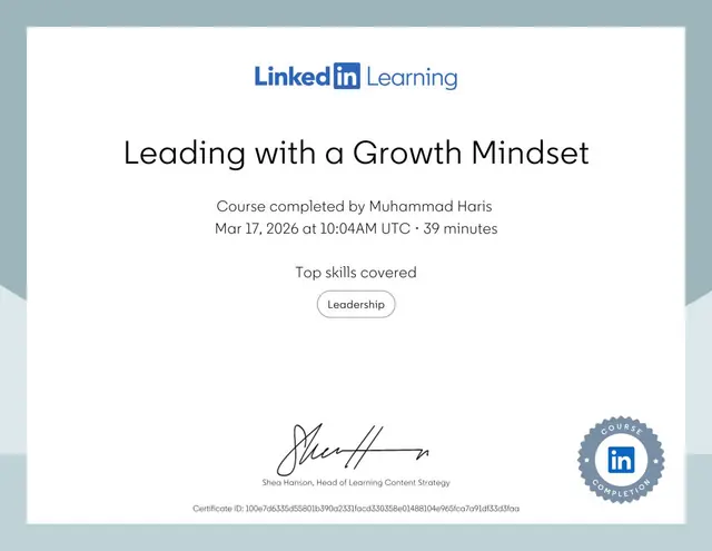 Leading with a Growth Mindset certificate — LinkedIn Learning — Muhammad Haris