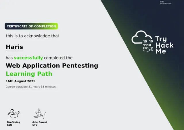 Web Application Pentesting certificate — TryHackMe — Muhammad Haris